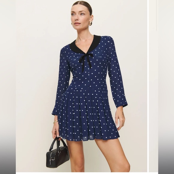 New Reformation Navy Polka Dot Tamia Dress with Black Collar